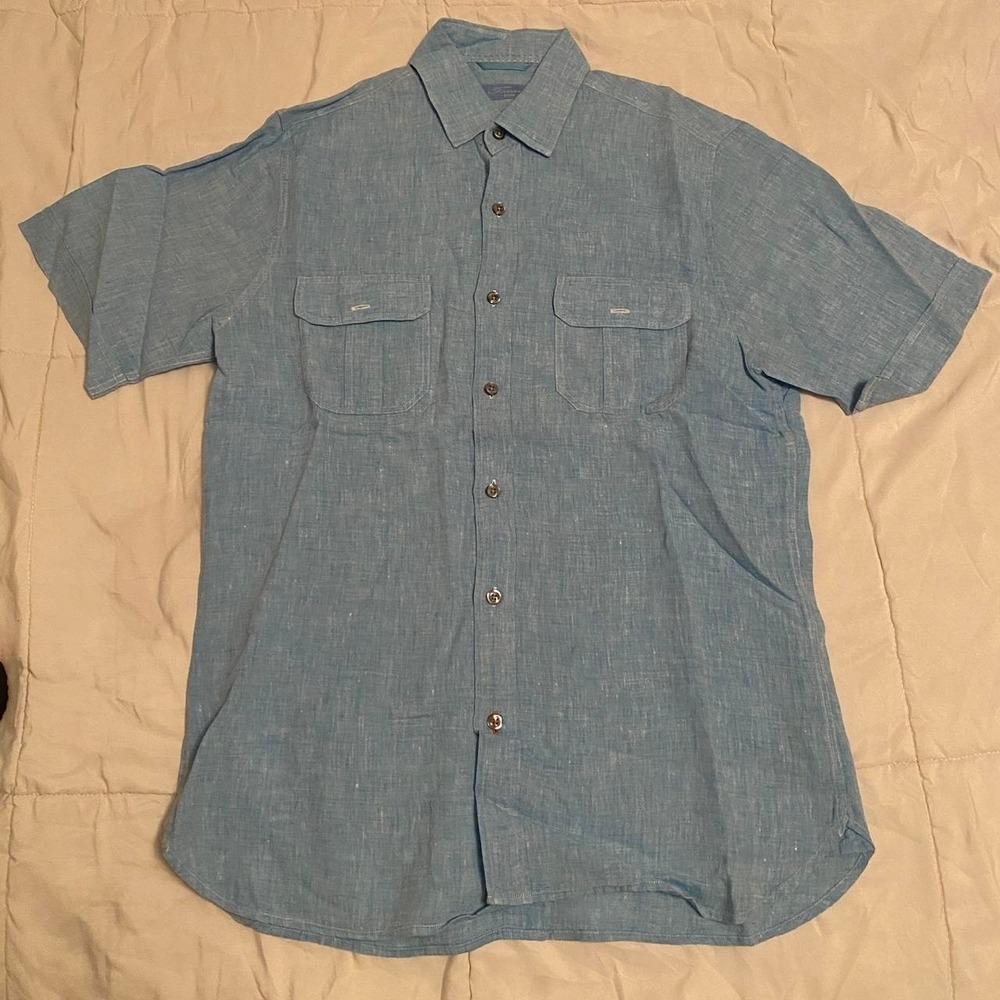 Toscano Blue Linen button‎ down short sleeve M
